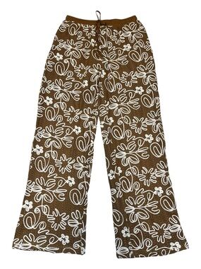 NWT Solitaire Tan & Cream Embroidered Flowy Bohemian Style Wide Leg Pants Sz M